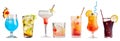 Glasses of various exotic cocktail on white background