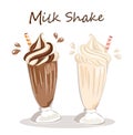 The glasses of various milkshakes chocolate and vanilla isolated on white background.