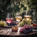 Glasses of various types of wine and grapes served outdoors on the table on blurred vineyard background. Wine degustation concept