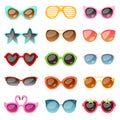 Glasses vector cartoon eyeglasses or sunglasses in stylish shapes for party and fashion optical spectacles set of