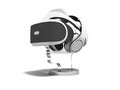 Glasses of virtual reality with portable headphones for sale 3d render on white background with shadow