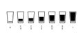 Glasses of water with different fraction measure, icon set. Simple signs different levels of water. Full, half full Royalty Free Stock Photo