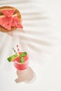 Glasses of watermelon Margarita cocktail with mint and ice. Summer refreshing drinks in glasses with shadows from tropical leaves Royalty Free Stock Photo