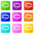 Glasses welding mask icons set 9 color collection Royalty Free Stock Photo