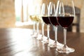 Glasses of white and red wines on table Royalty Free Stock Photo