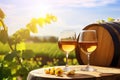 Glasses of white, wine on an old wooden barrel in the vineyard Royalty Free Stock Photo