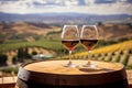 Glasses of white, wine on an old wooden barrel in the vineyard Royalty Free Stock Photo