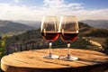 Glasses of white, wine on an old wooden barrel in the vineyard Royalty Free Stock Photo