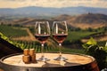 Glasses of white, wine on an old wooden barrel in the vineyard Royalty Free Stock Photo