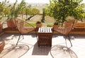 Glasses of white wine on rustic wooden table and flower pots on terrace outside Royalty Free Stock Photo