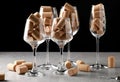 Glasses with wine corks and corkscrew on light table Royalty Free Stock Photo