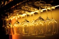 Glasses of wine. Glasses hanging above the bar in the restaurant. Empty glasses for wine Royalty Free Stock Photo