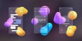 Glassmorphism 3d phone mockup with blurred abstract background. Smartphone transparent glass screen with chat, call and