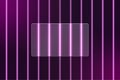 Glassmorphism effect with purple neon vertical lines. Transparent glass plate on background of neon stripes. Frosted acrylic