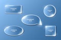 Glassmorphism shapes with smooth glossy edges on blue background. Modern glass UI elements rectangle, oval, circle, square and Royalty Free Stock Photo