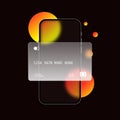 Glassmorphism style. Phone with credit card icon. Cashless payment. Realistic glass morphism effect with set of transparent glass