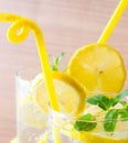 The glasss of mojito with lemon and drinking straw Royalty Free Stock Photo