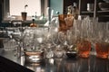 glassware arranged in a neat and orderly manner on benchtop Royalty Free Stock Photo