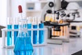 Glassware with blue liquid and equipment in chemistry science laboratory, science and medical research and development concept Royalty Free Stock Photo