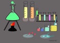 Glassware, chemicals, materials, and scientific experiments. Royalty Free Stock Photo