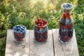 Glassware with different fresh berries on an old wooden bench. Fresh garden berries, blueberry,currant, cherry Royalty Free Stock Photo