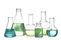 Glassware with liquids isolated. Laboratory analysis Royalty Free Stock Photo