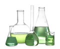 Glassware with liquids on white. Laboratory analysis Royalty Free Stock Photo