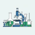 Glassware and a microscope are illustrated with clean lines and Royalty Free Stock Photo