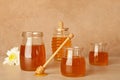 Glassware with tasty honey and dipper