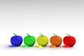 Glassy apple, glowing apple, 3d model. Colorful glassy apple. Blue, green, yellow, orange and red 3D apples