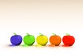 Glassy apple, glowing apple, 3d model. Colorful glassy apple. Blue, green, yellow, orange and red 3D apples