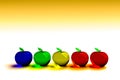 Glassy apple, glowing apple, 3d model. Colorful glassy apple. Blue, green, yellow, orange and red 3D apples