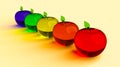 Glassy apple, glowing apple, 3d model. Colorful glassy apple. Blue, green, yellow, orange and red 3D apples