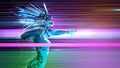 Glassy girl woman in vr gear with futuristic fantasy crystals hair on colorful background. Concept of metaverse virtual
