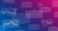 Glassy interface screens with charts graphs blue pink gradient background data analytics visualization finance Royalty Free Stock Photo