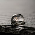 A glassy or water like sphere rests on a textured dark gray stone surface Royalty Free Stock Photo