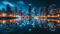 Glassy Waters: City Skyline Illumination./n