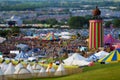 Glastonbury Festival. UK. 06.27.2015. Tilt shift blur effect at Glastonbury festival look across the at the ribbon tower