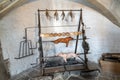 Interior view of the old fireplace and grill inside the Abbot`s Kitchen at Glastonbury Abbey