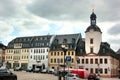 Glauchau, Germany - May 17, 2023: Historical market square in Glauchau, a town in the German federal state of Saxony, on the right