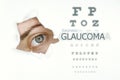 Glaucoma disease poster with eye test and blue eye on left. Royalty Free Stock Photo