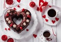 glaze covered Festive chocolate chocolate space sprinkles shaped heart Copy bundt food truffles wooden red background dessert Royalty Free Stock Photo