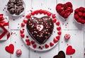 glaze covered Festive chocolate chocolate space sprinkles shaped heart Copy bundt food truffles wooden red background dessert Royalty Free Stock Photo