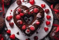 glaze covered Festive chocolate chocolate space sprinkles shaped heart Copy bundt food truffles wooden red background dessert Royalty Free Stock Photo