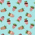 Seamless pattern with strawberry in glaze, chocolate, sprinkle. Vector, flat