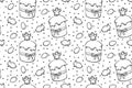 Glaze Easter cakes with eggs and rabbits. Seamless pattern black outline on white background. Doodle stile