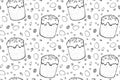 Glaze Easter cakes, painted eggs, nuts seamless pattern. Black outline on white background. Doodle stile