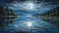 Glaze painting: A serene, moonlit lake, with the silvery reflection of the moon shimmering on the water\'s surface, a