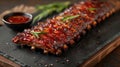 Glazed barbecued ribs on wooden board. Close-up food photography