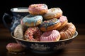 A glazed ceramic pot overflows with an irresistible assortment of donuts